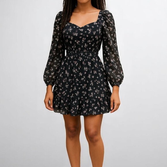 Black Ruffled Floral Short Dress - Picture 9 of 9